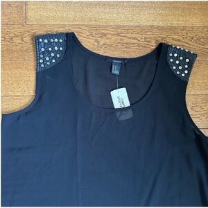 Sheer rhinestone leather shoulder top